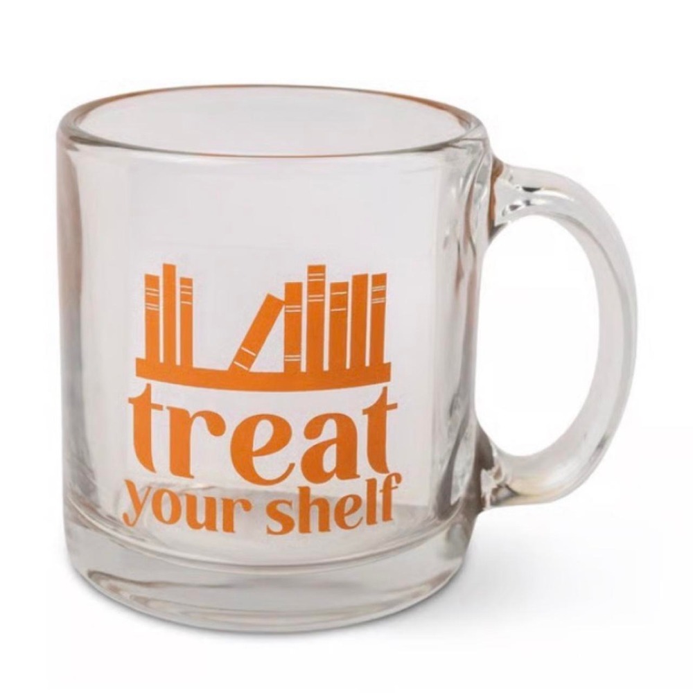 What A Novel Idea Treat Your Shelf Clear Glass Book Lover Coffee Mug Orange